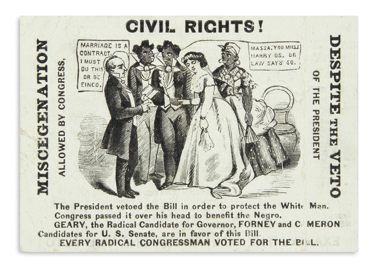 (RECONSTRUCTION.) Civil Rights! Miscegenation Allowed by Congress, Despite the Veto of the President.